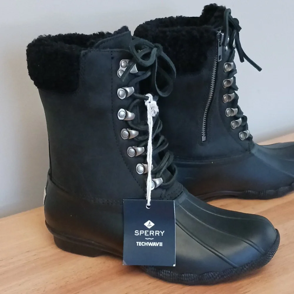 NWT Sperry Saltwater Tall Leather Black Waterproof Boot Size 6.5 - Picture 2 of 16